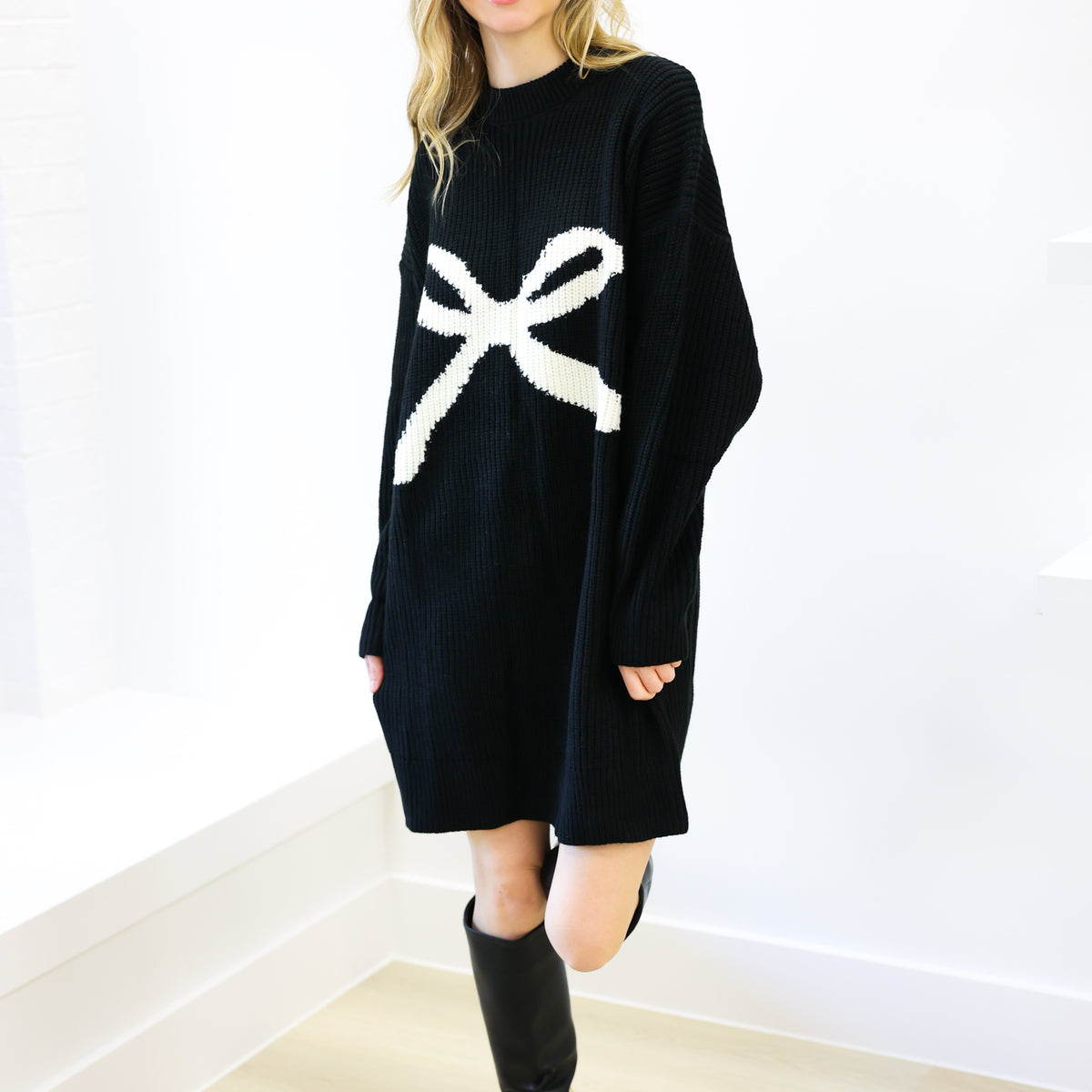Ribbon Sweater Dress Black White Bow / M