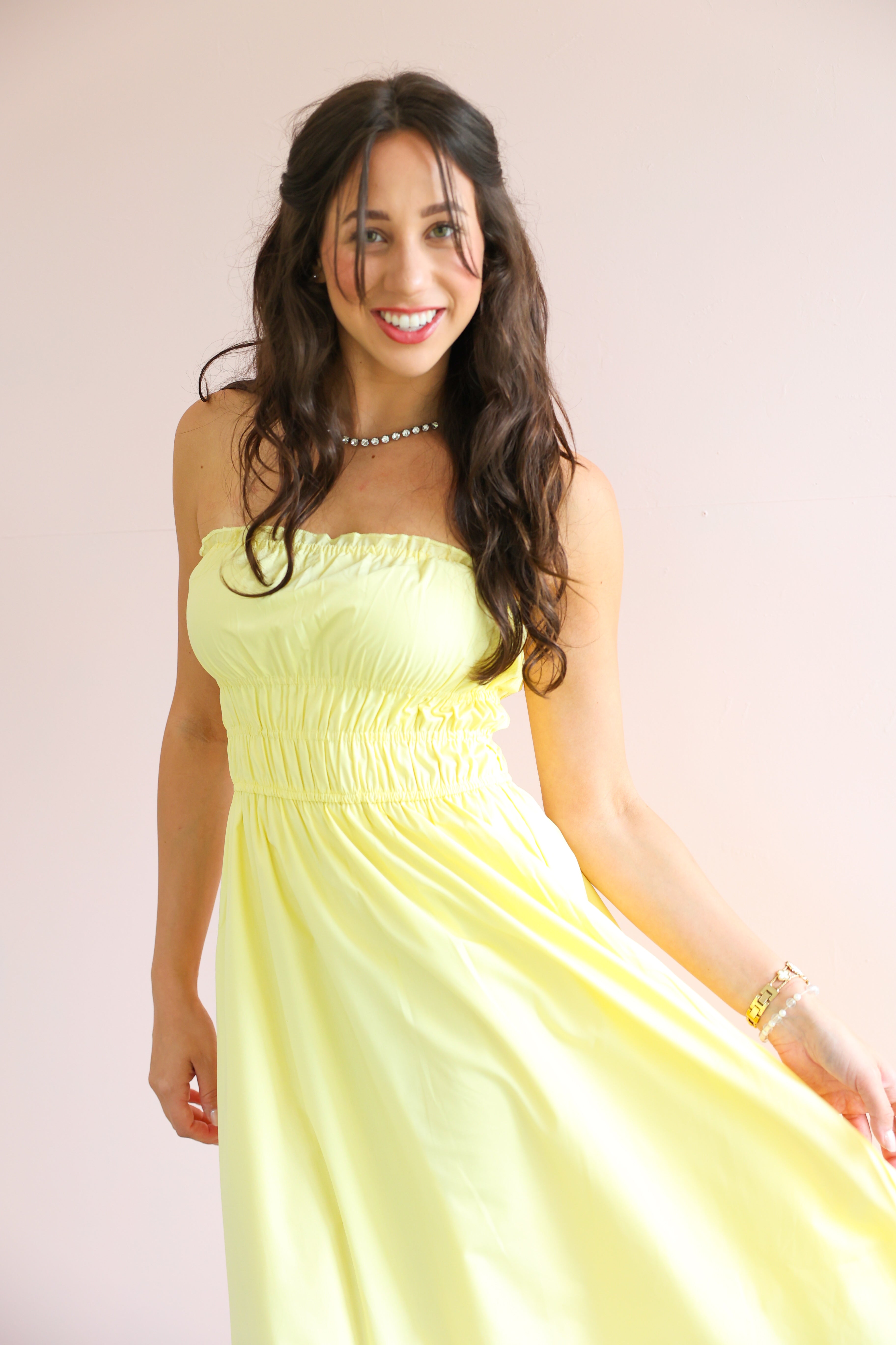 Poplin Maxi Dress with Ruffled Top | Lemon Poplin Maxi Dress with Ruffled Top | Lemon