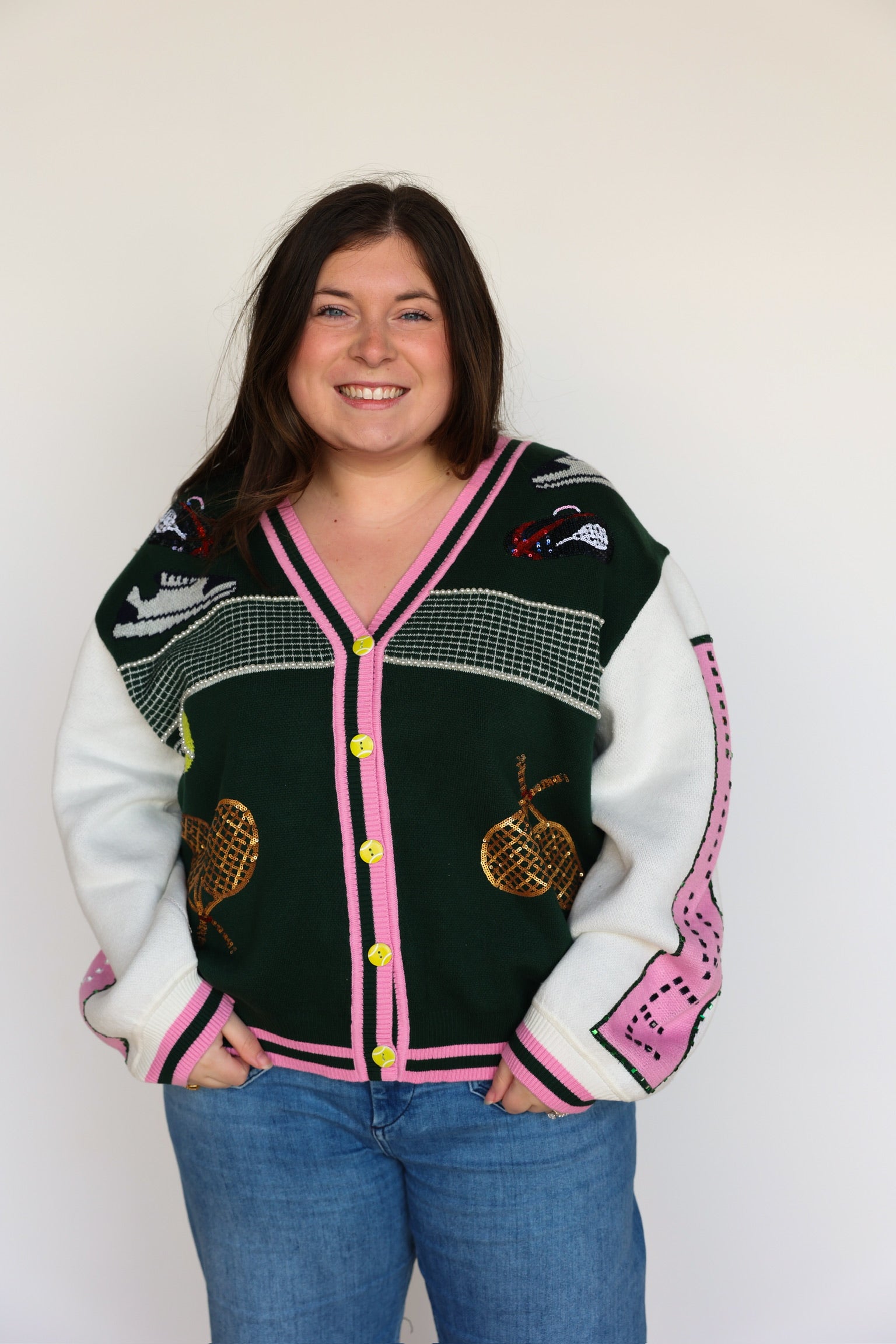 Green White Colorblock Vintage Tennis Cardigan Queen of