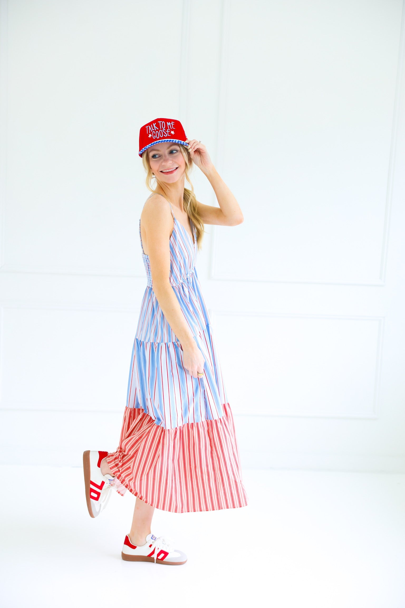 red white and blue striped dress Striped V-Neck Dress