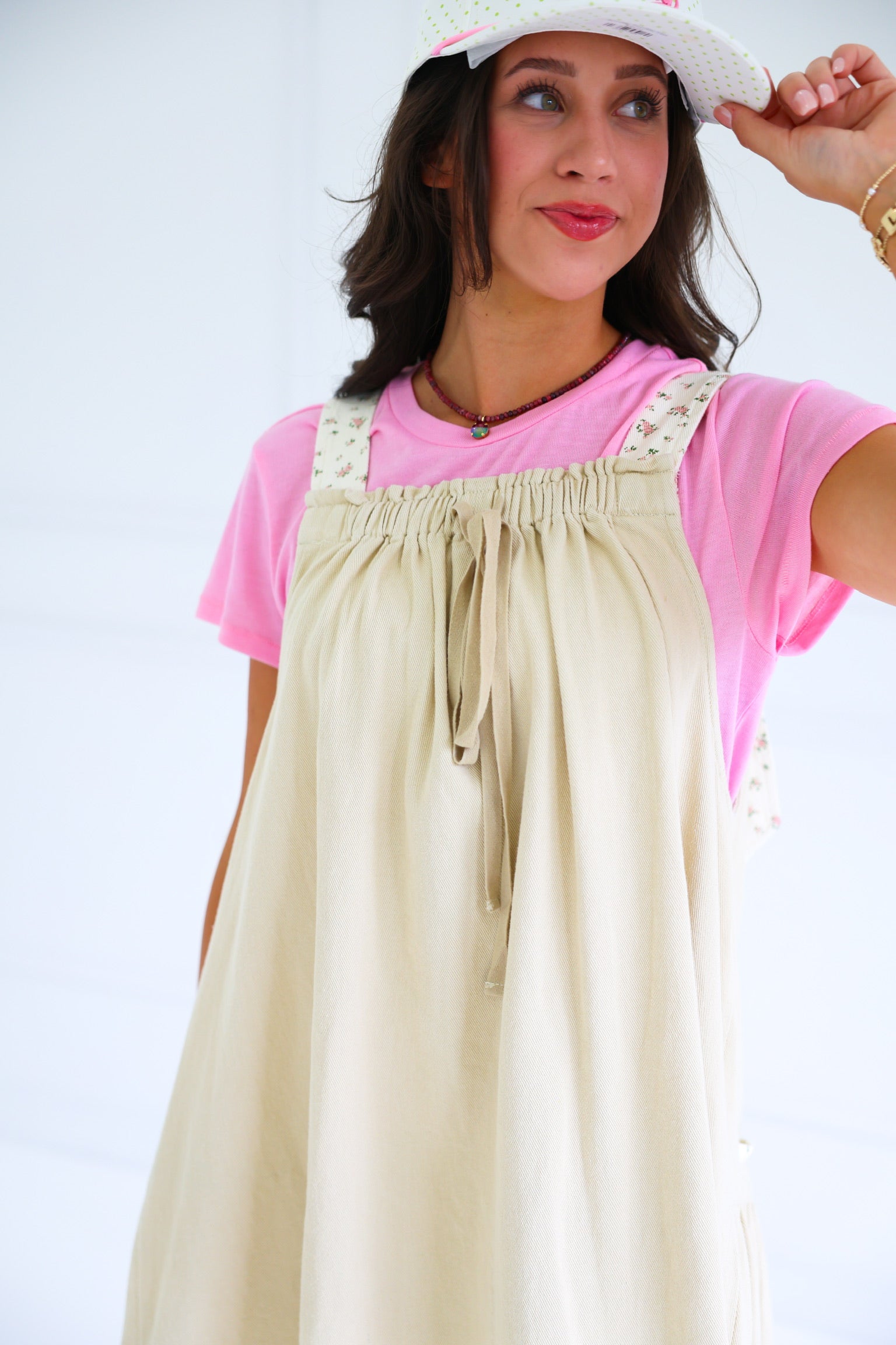 Overall Dress with Floral Straps | Beige Overall Dress with Floral Straps | Beige