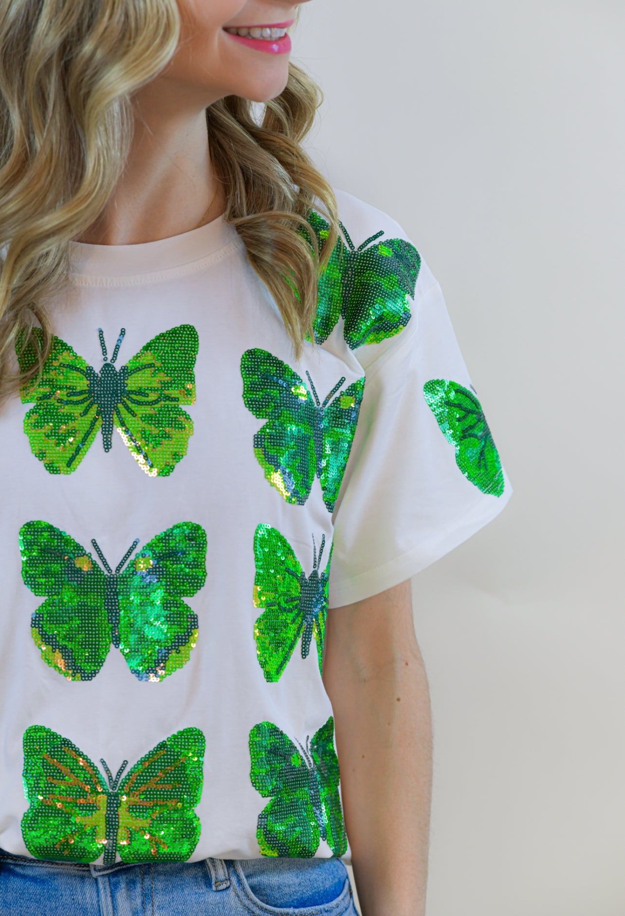 White Green Scattered Butterfly Tee Queen of Sparkles
