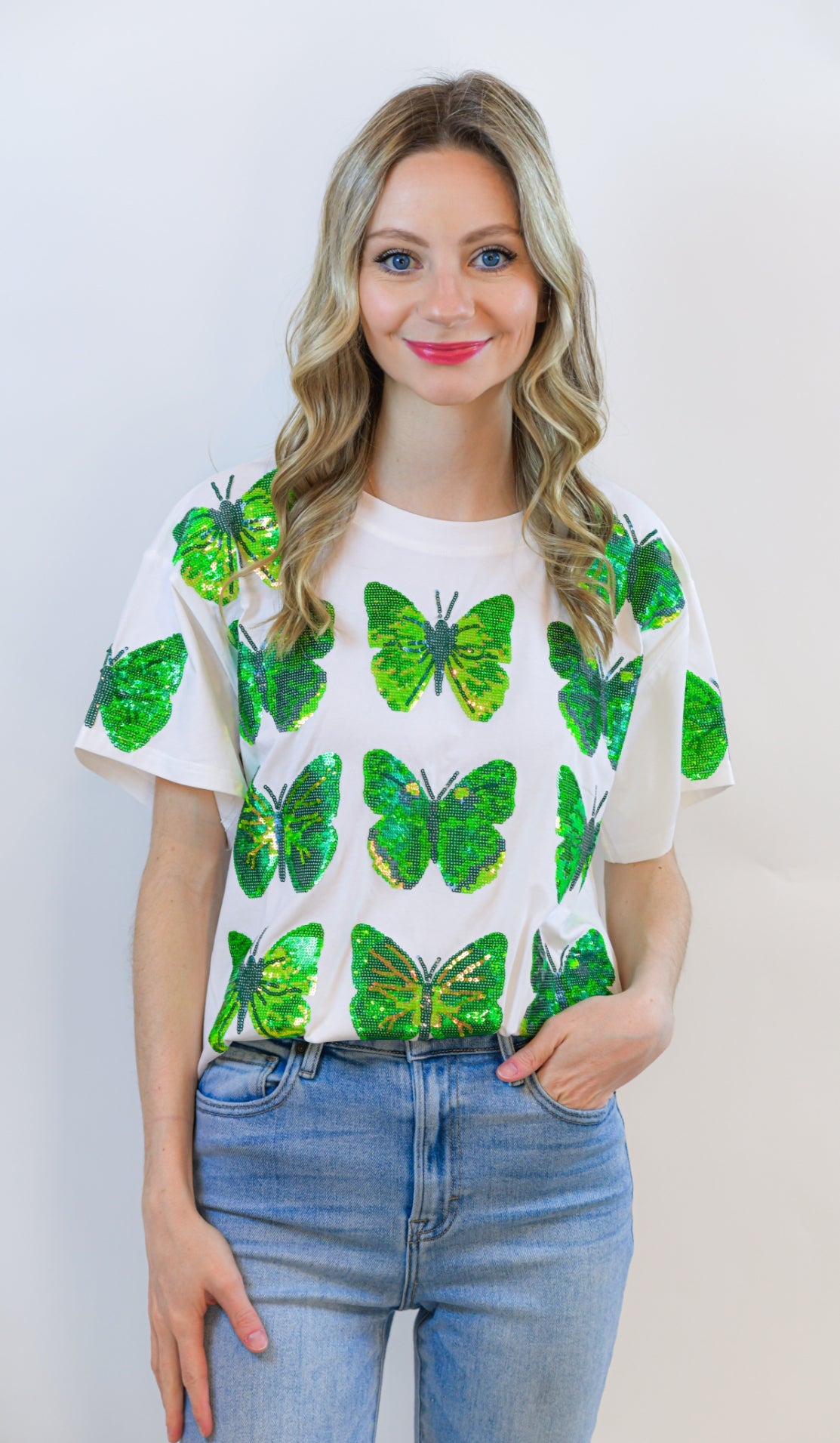 White Green Scattered Butterfly Tee Queen of Sparkles
