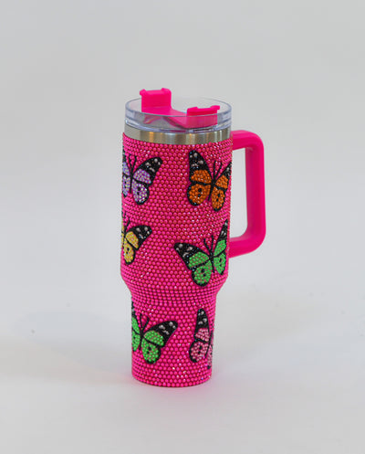 Hot Pink Multi Butterfly Rhinestone Tumbler Queen of Sparkles