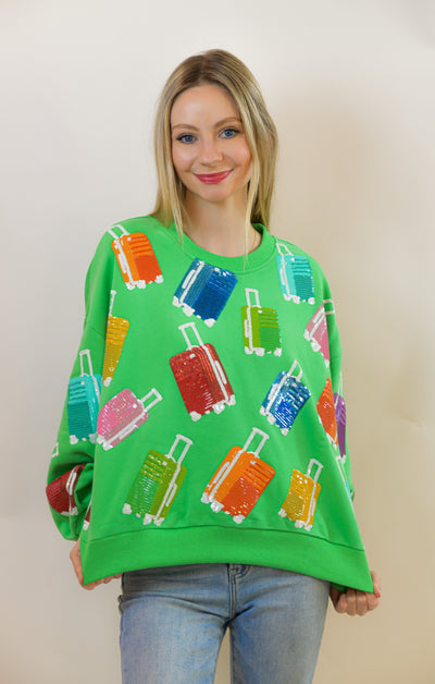 Green Scattered Suitcase Sweatshirt Queen of Sparkles
