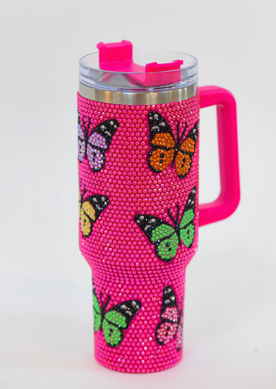 Hot Pink Multi Butterfly Rhinestone Tumbler Queen of Sparkles