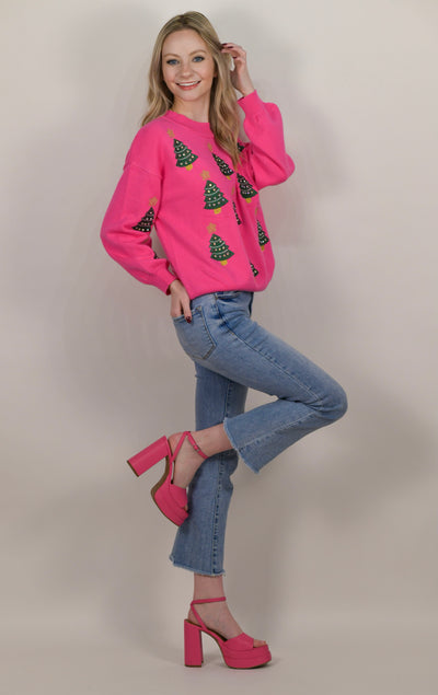 Hot Pink Sequined Christmas Tree Sweater