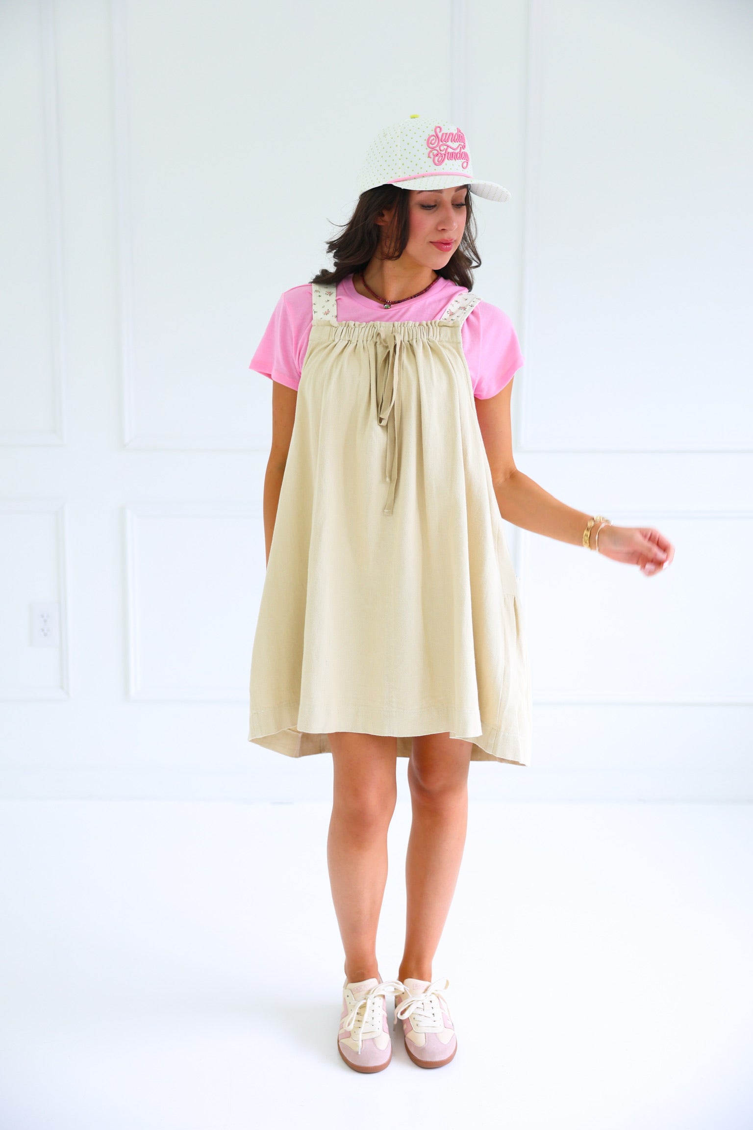 Overall Dress with Floral Straps | Beige Overall Dress with Floral Straps | Beige