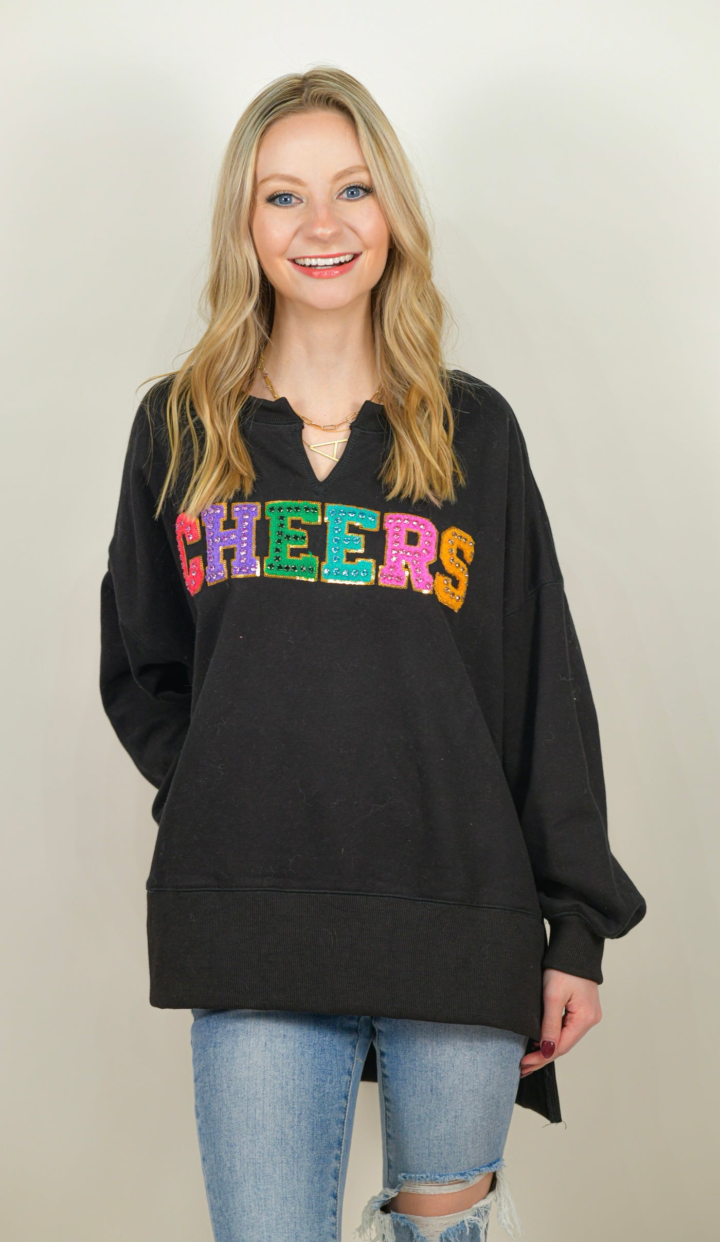 Sequined Patch Cheers V-Neck Pullover