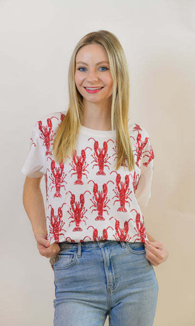 White Red Scattered Crawfish T-Shirt Queen of Sparkles