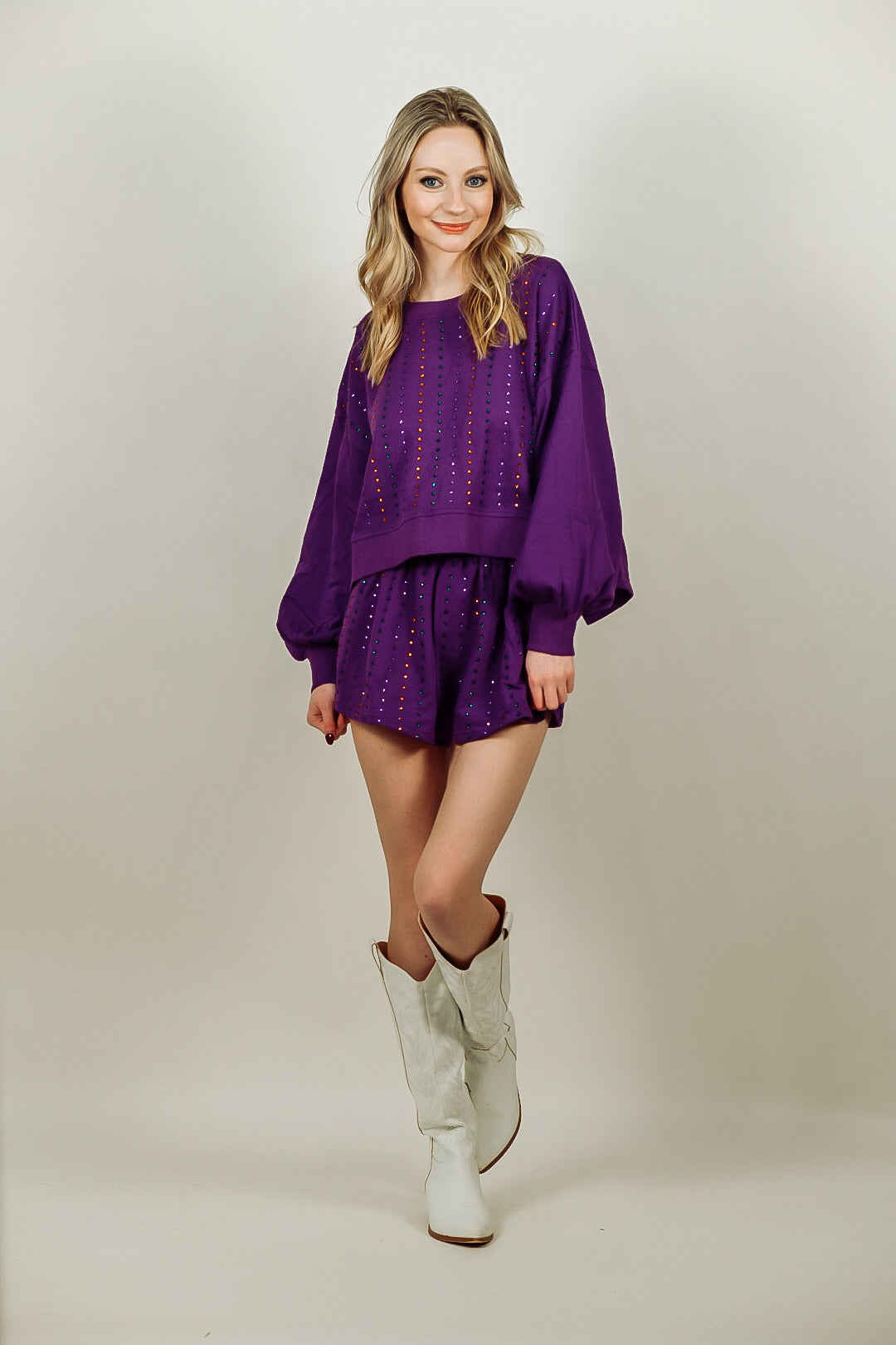 Purple Rhinestone Sweatshirt & Short Set