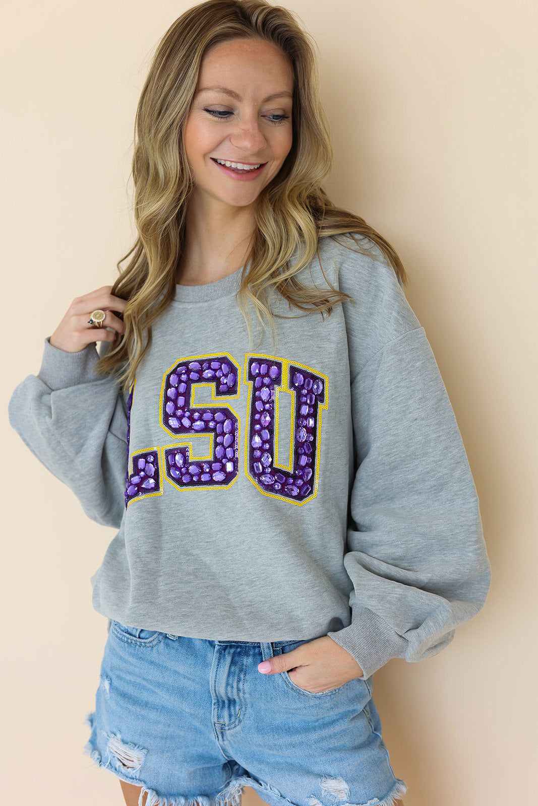 Grey LSU Jeweled Letter Sweatshirt Queen of Sparkles Cherie Lane