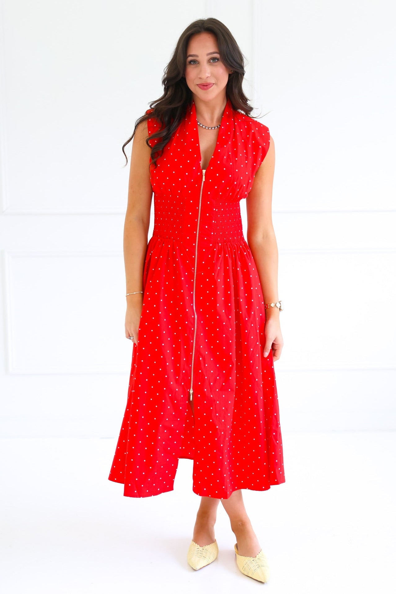 Polka Dot Zip Up Midi Dress