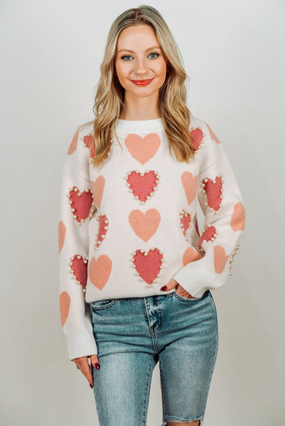 Multi Pink Pearl Heart Sweater