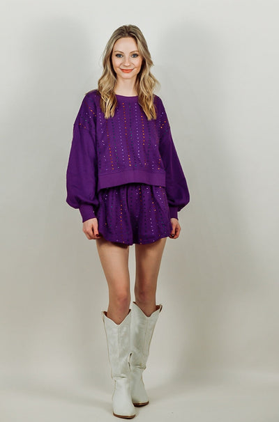 Purple Rhinestone Sweatshirt & Short Set