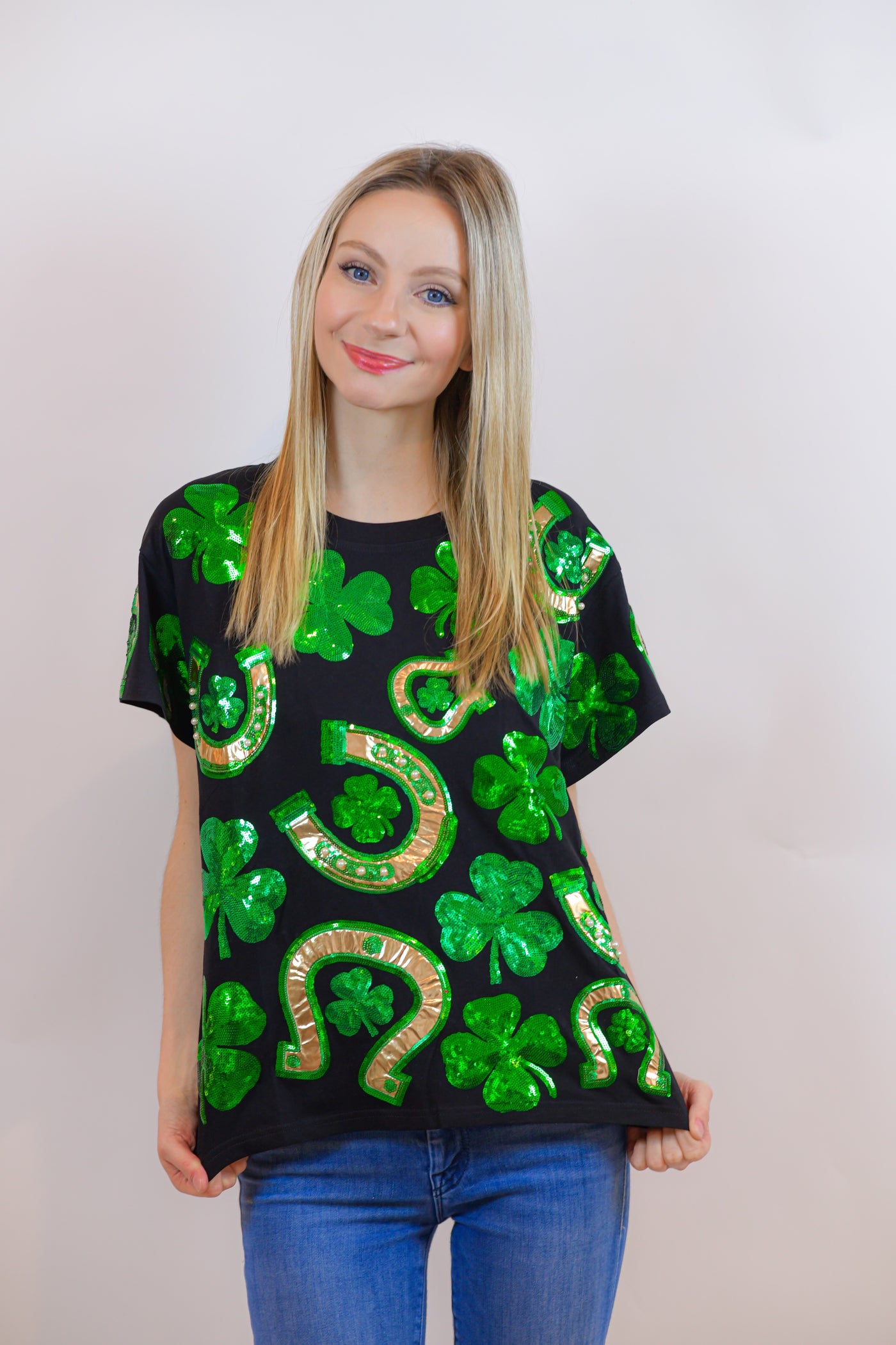 Black Green Horseshoe and Clover Tee Queen of Sparkles