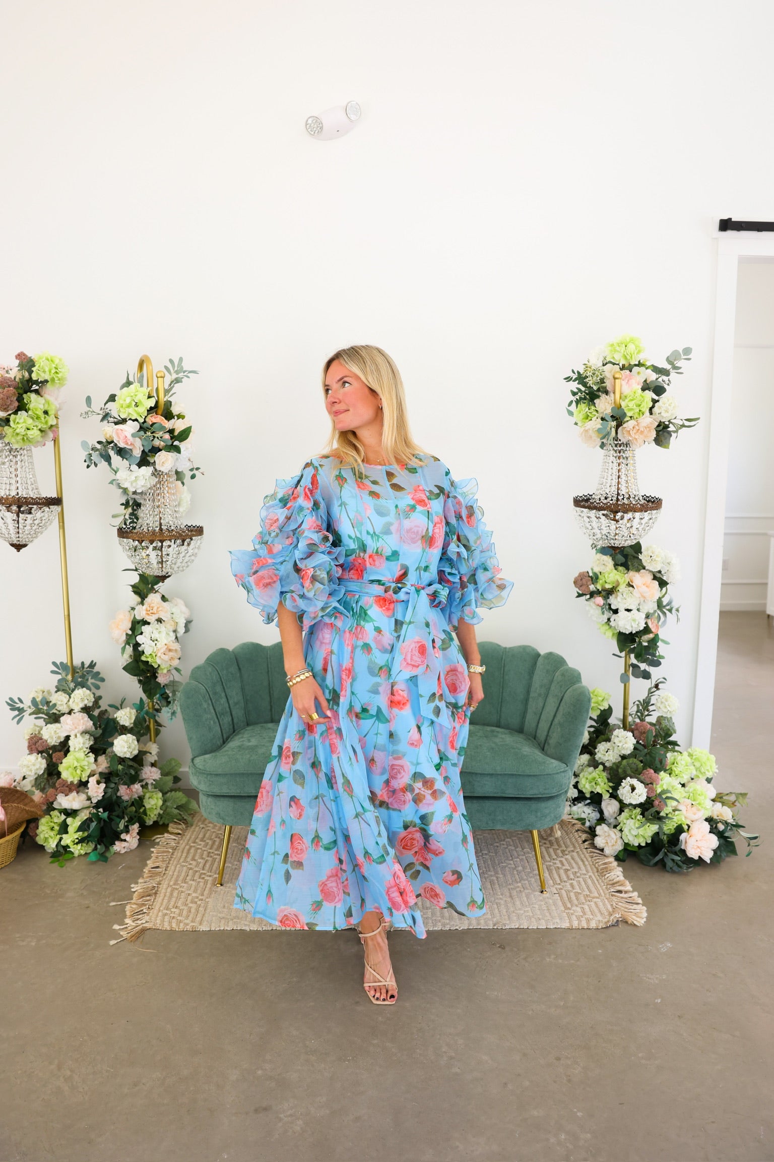 Sheer Floral Puff Sleeve Maxi Dress with Slip