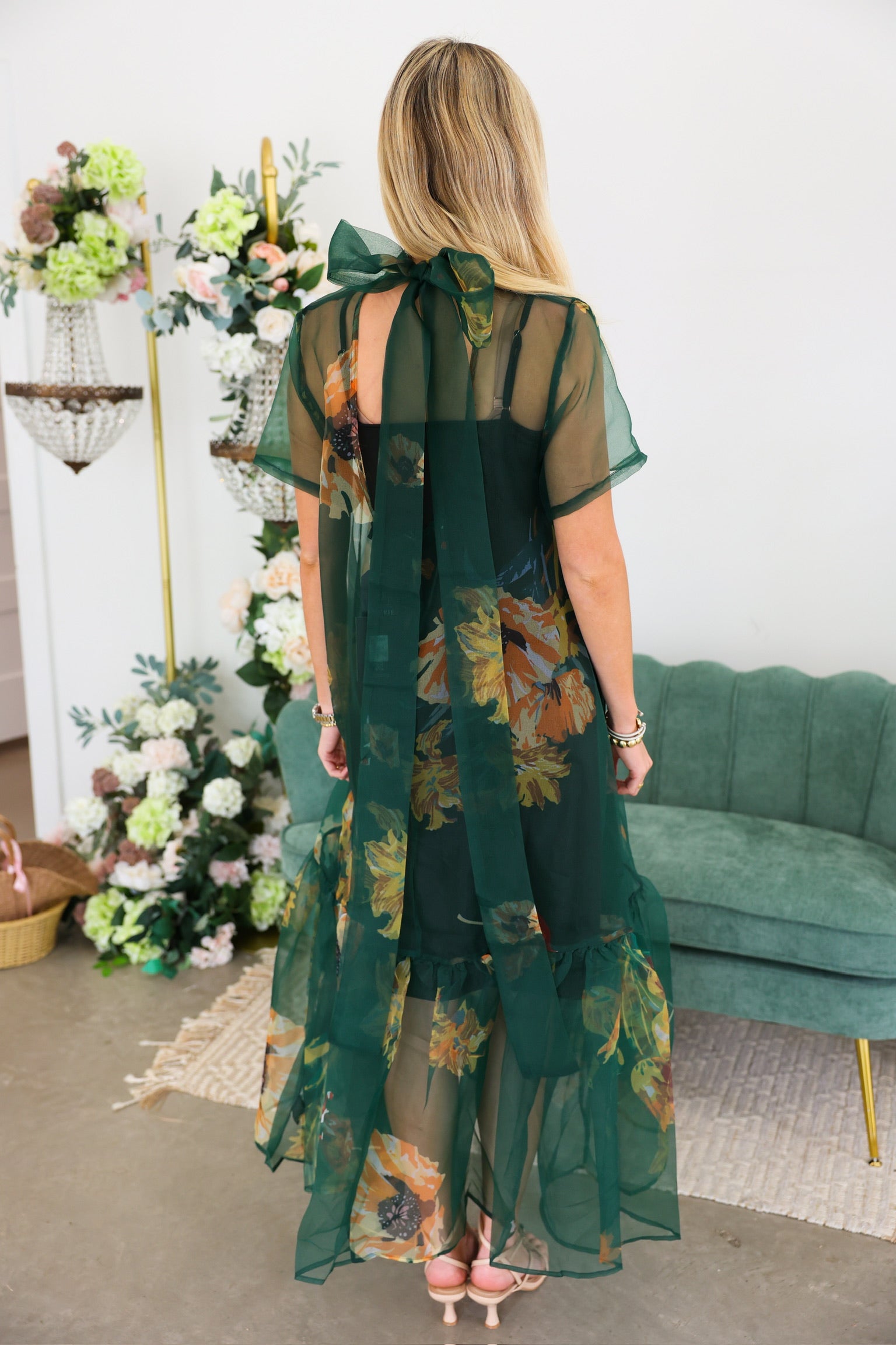 Sheer Floral Maxi Dress with Slip - Evergreen Sheer Floral Maxi Dress with Slip - Evergreen
