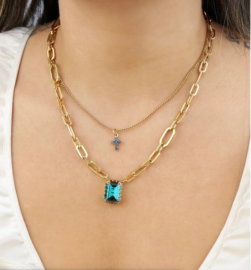 TOVA Single Mini Cross Necklace in Turquoise