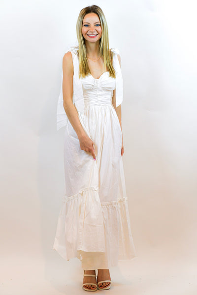 Charlotte White Ruched Midi Dress