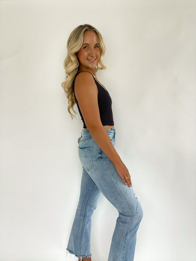 High Rise Criss Cross Kick Flare Jeans
