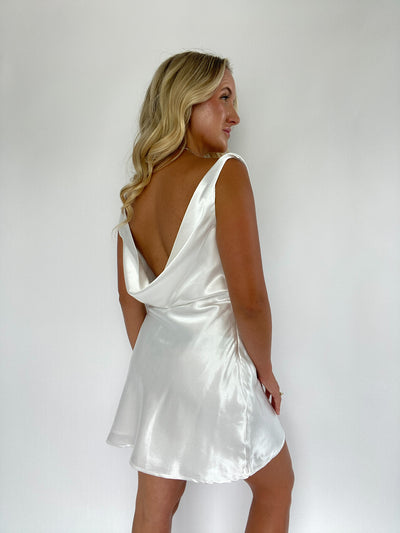 White Satin Cowl Neck Mini Dress