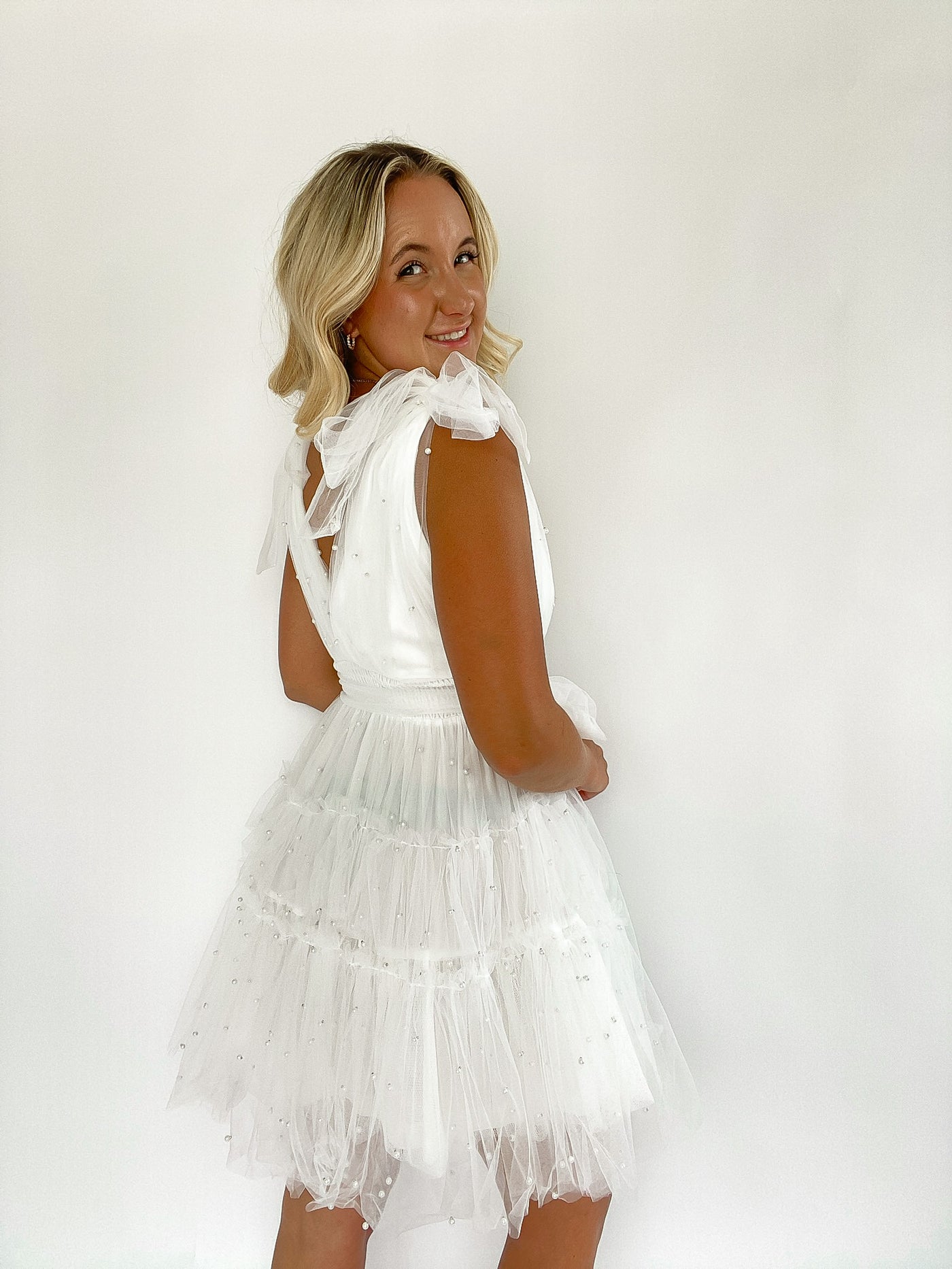 White Pearl Tulle Mini Dress