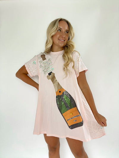 Light Pink Popping Champagne Tee Dress Queen of Sparkles