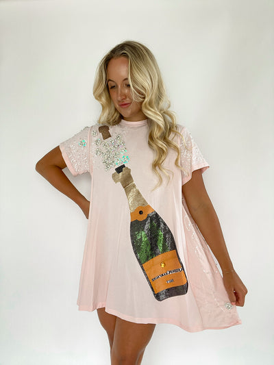 Light Pink Popping Champagne Tee Dress Queen of Sparkles