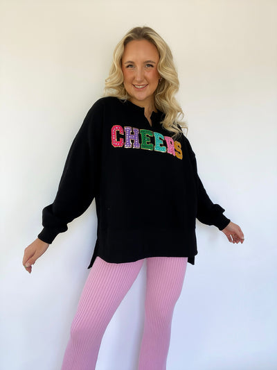 Sequined Patch Cheers V-Neck Pullover