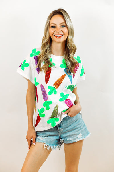 White Multi-Color Sequin Carrot Tee Queen of Sparkles