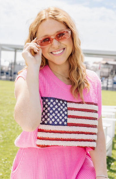 Neon Pink American Flag Sweater Tank Queen of Sparkles
