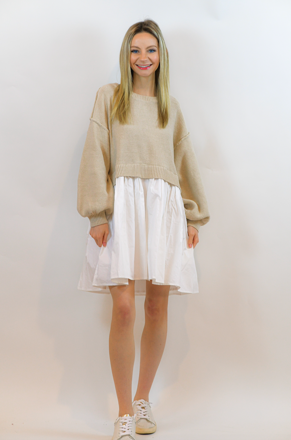 Sophie White & Beige Sweater Dress