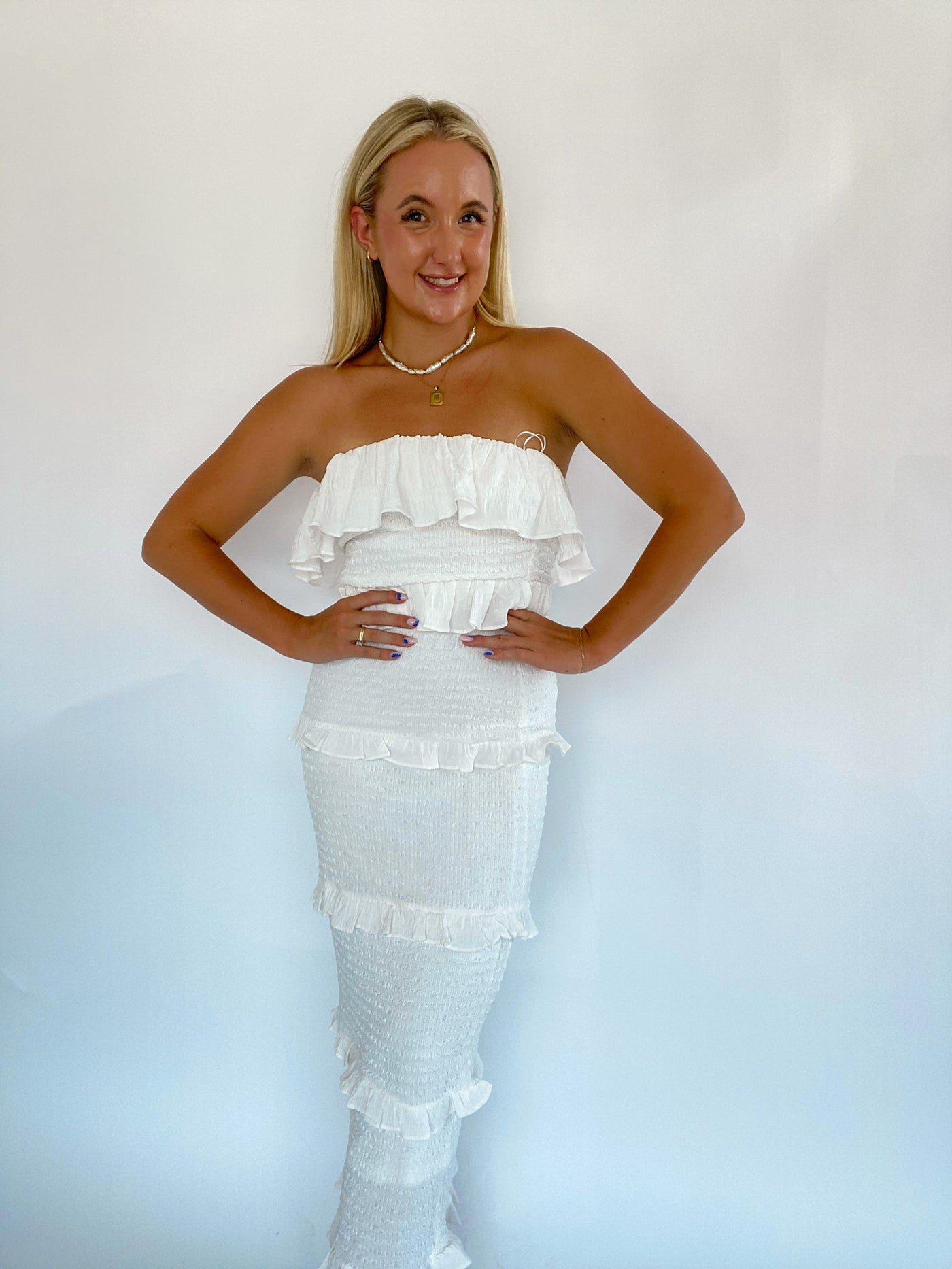 White Fitted Strapless Bodycon Midi Dress