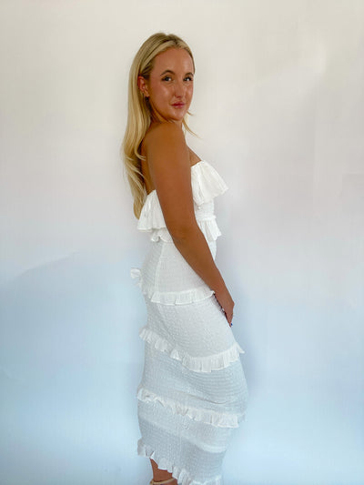 White Fitted Strapless Bodycon Midi Dress
