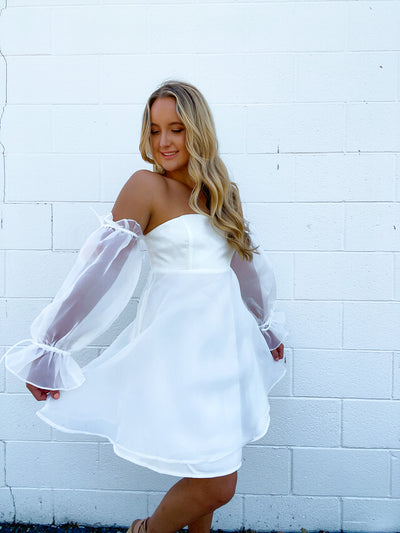 White Flounce Sleeve Dress
