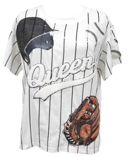 White & Black Batter Up Tee Queen of Sparkles