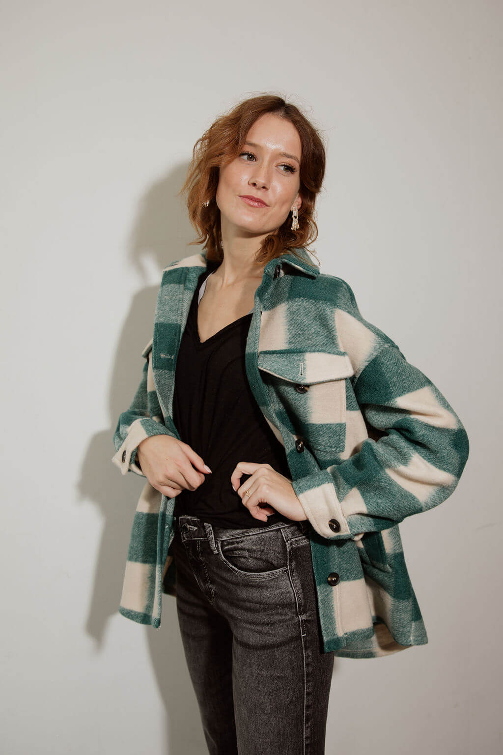 Green Plaid Felt Button Down Shacket
