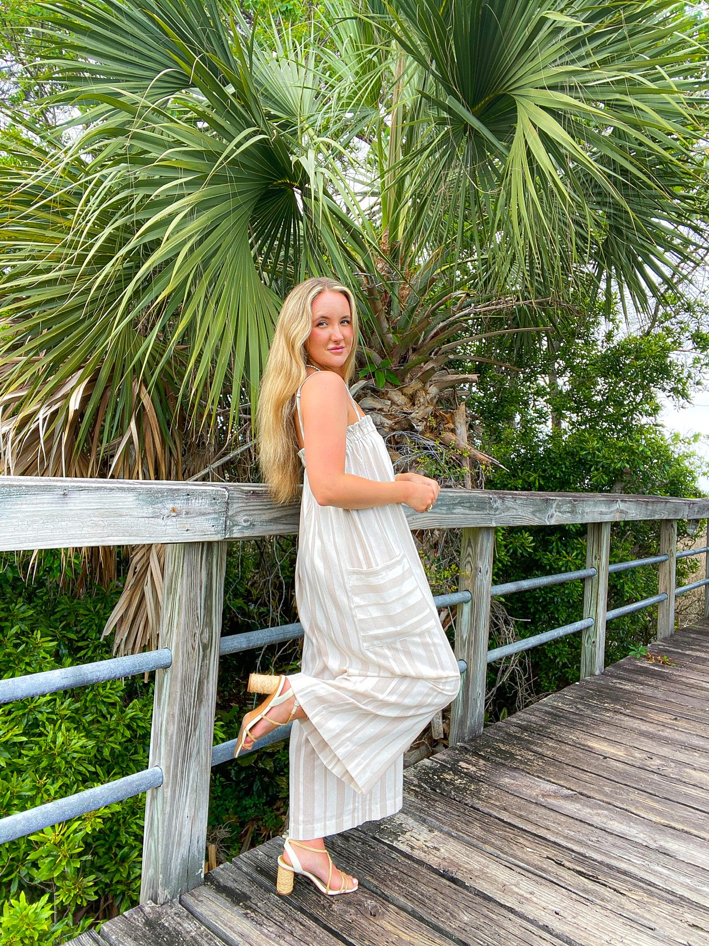 Spaghetti Strap Linen Taupe & Cream Striped Jump Suit