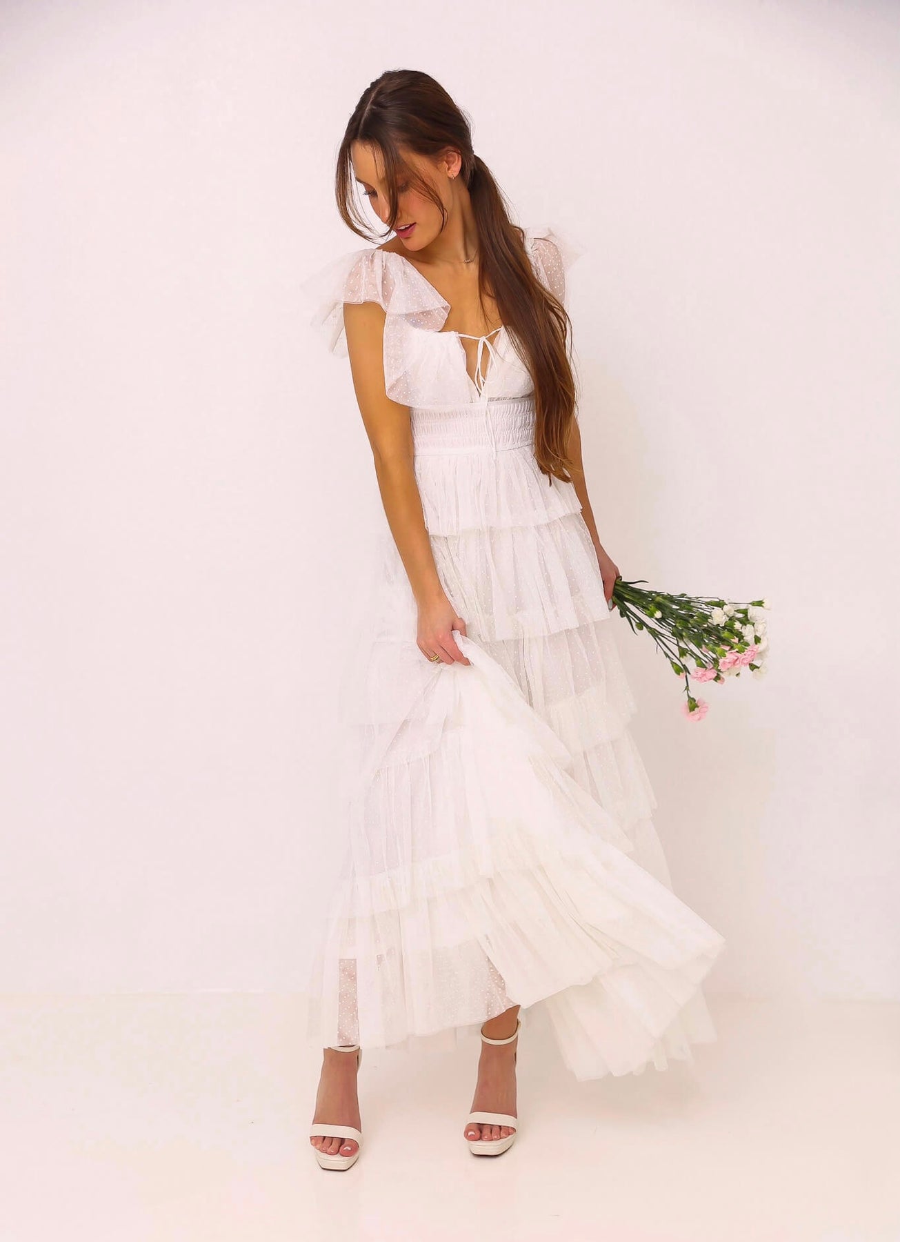 White ruffle maxi outlet dress