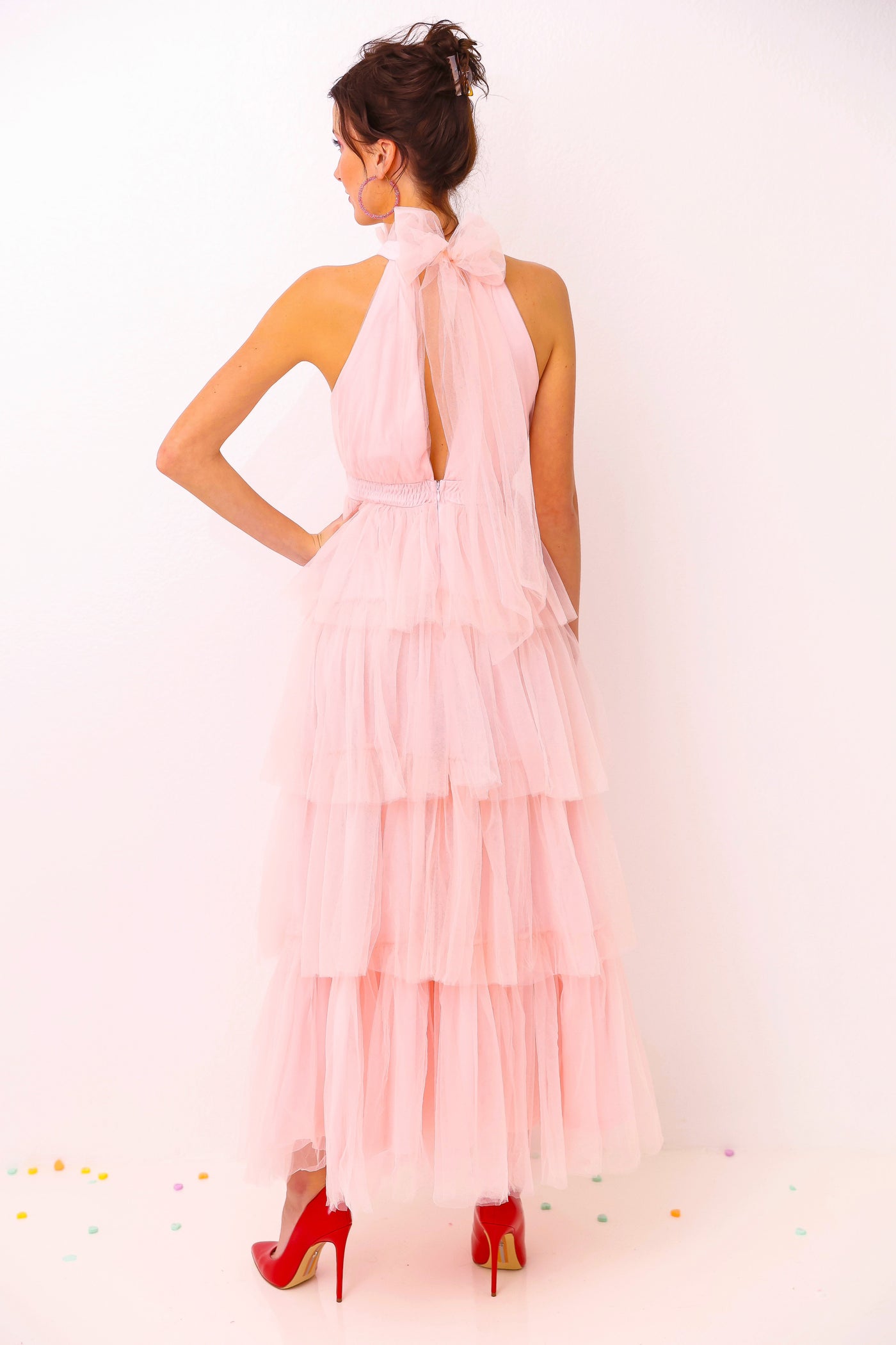 Halter Neck Tulle Pink Midi Dress